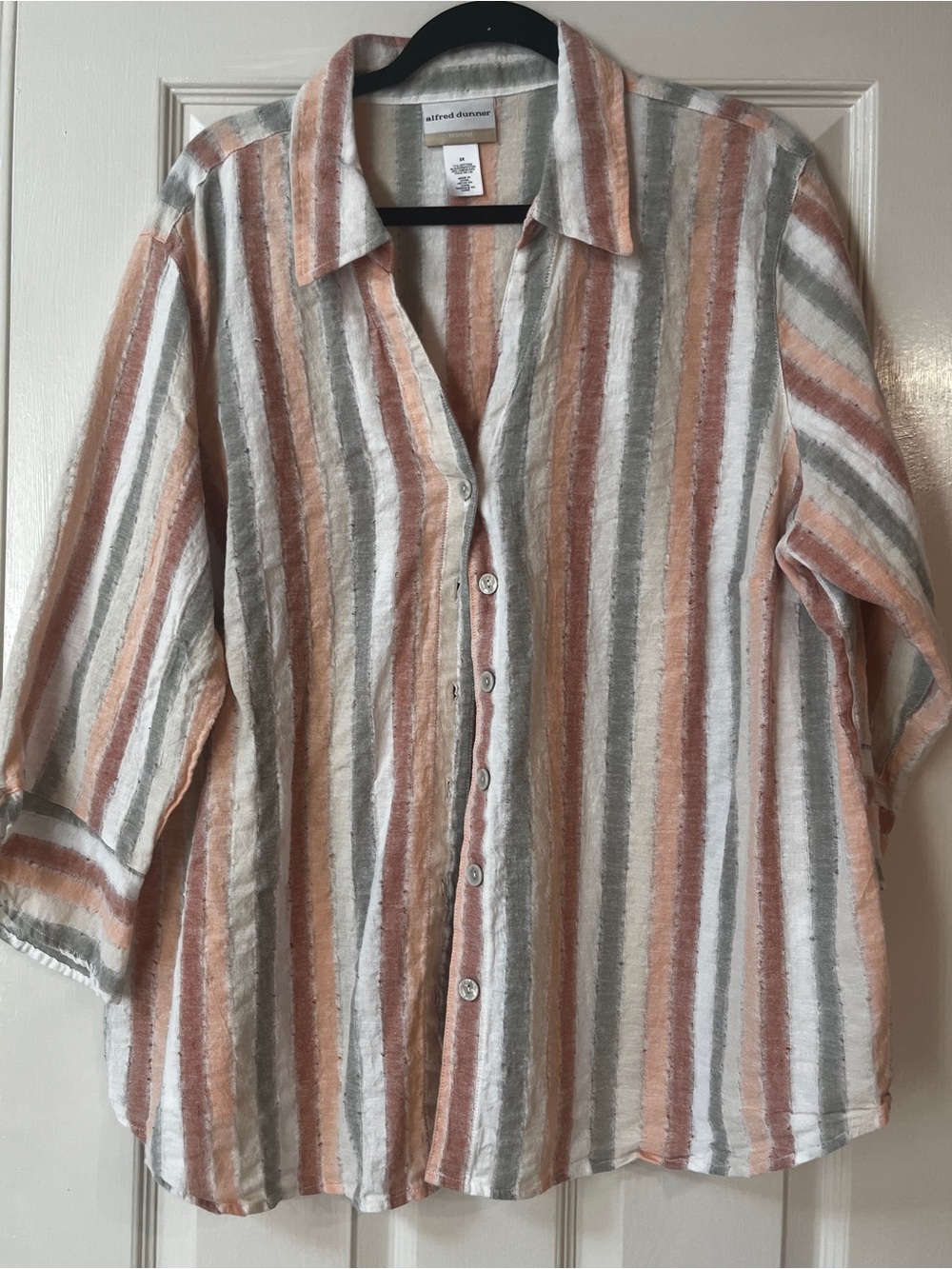 Alfred Dunner Striped Button-Front Shirt in Peach, Gray & White